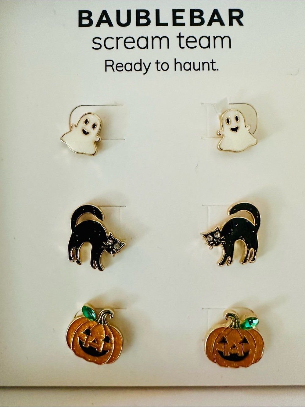 BaubleBar Halloween Earring Set of 3 pairs Ghost Cat Pumpkin NIB - Picture 2 of 7